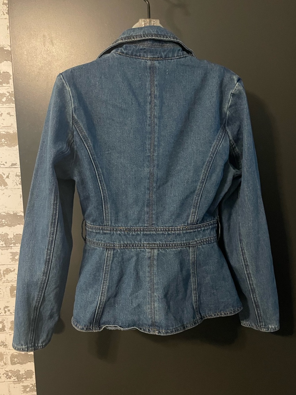 Tailored Denim Peplum Jacket Gold Button Hourglass Blazer Size S - Picture 7 of 9